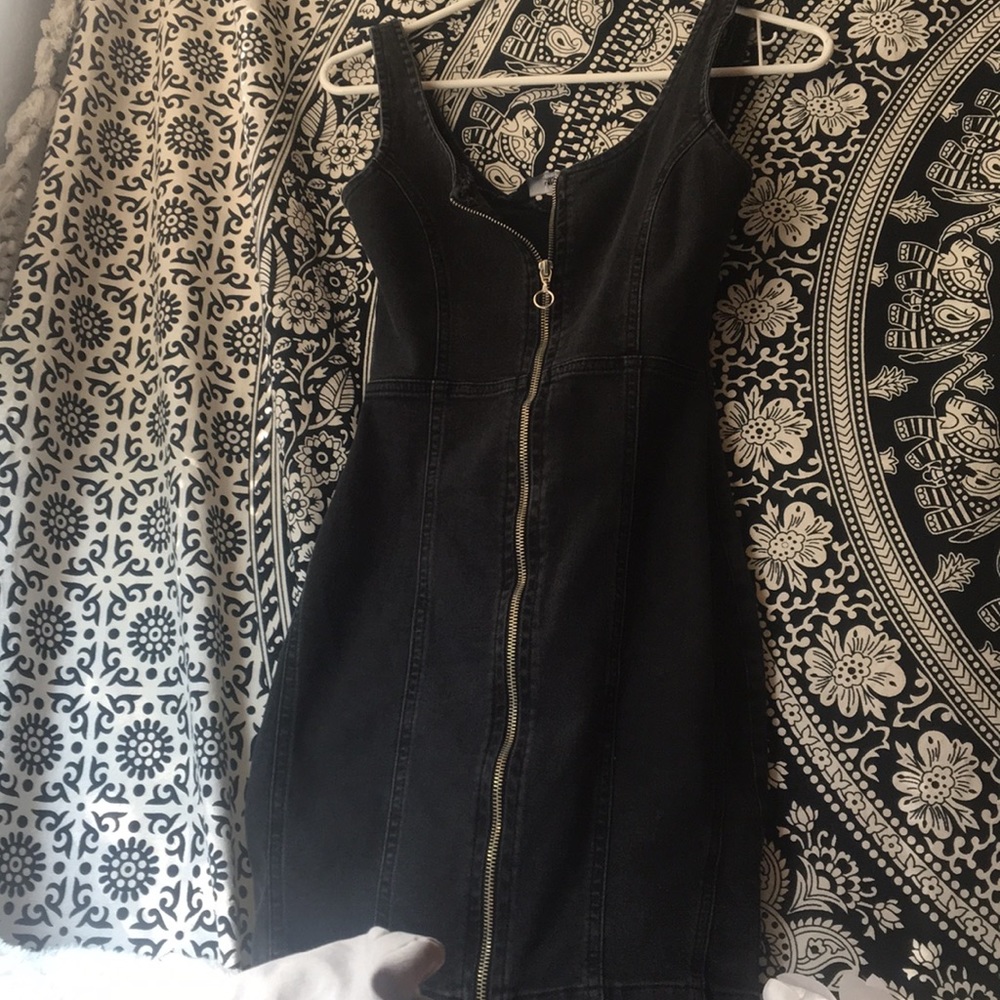 Black denim zip up dress